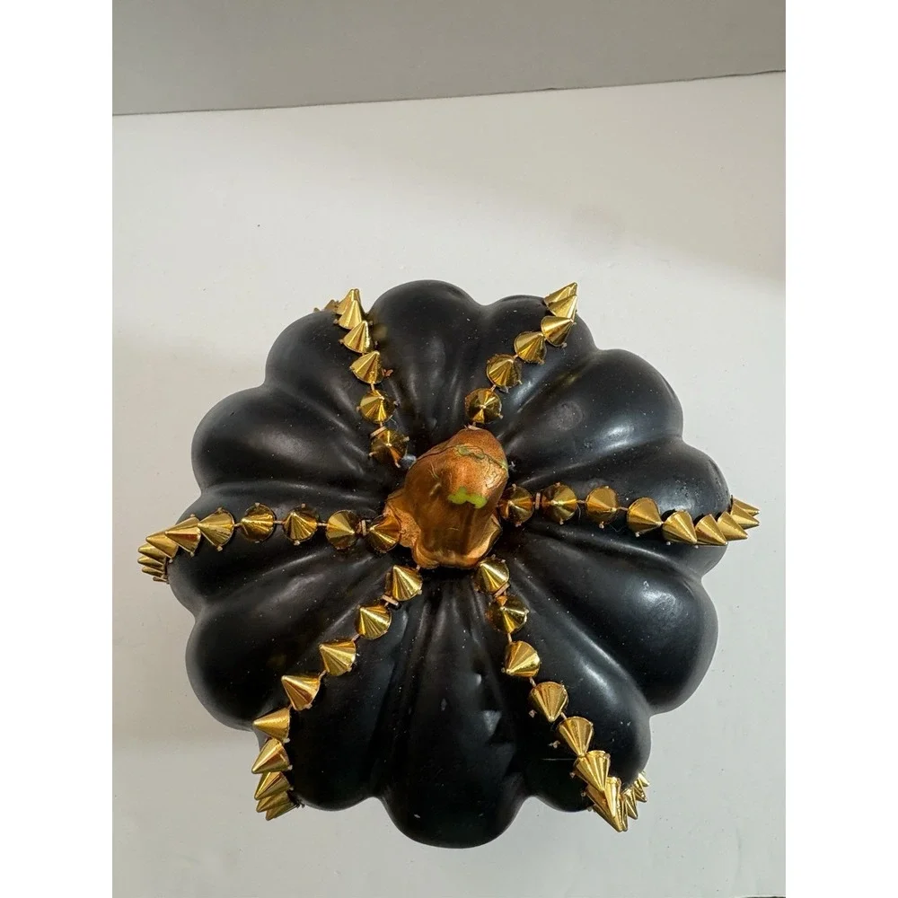 Black plastic Pumpkin with Gold Studded Accents, Halloween Gothic 8 in